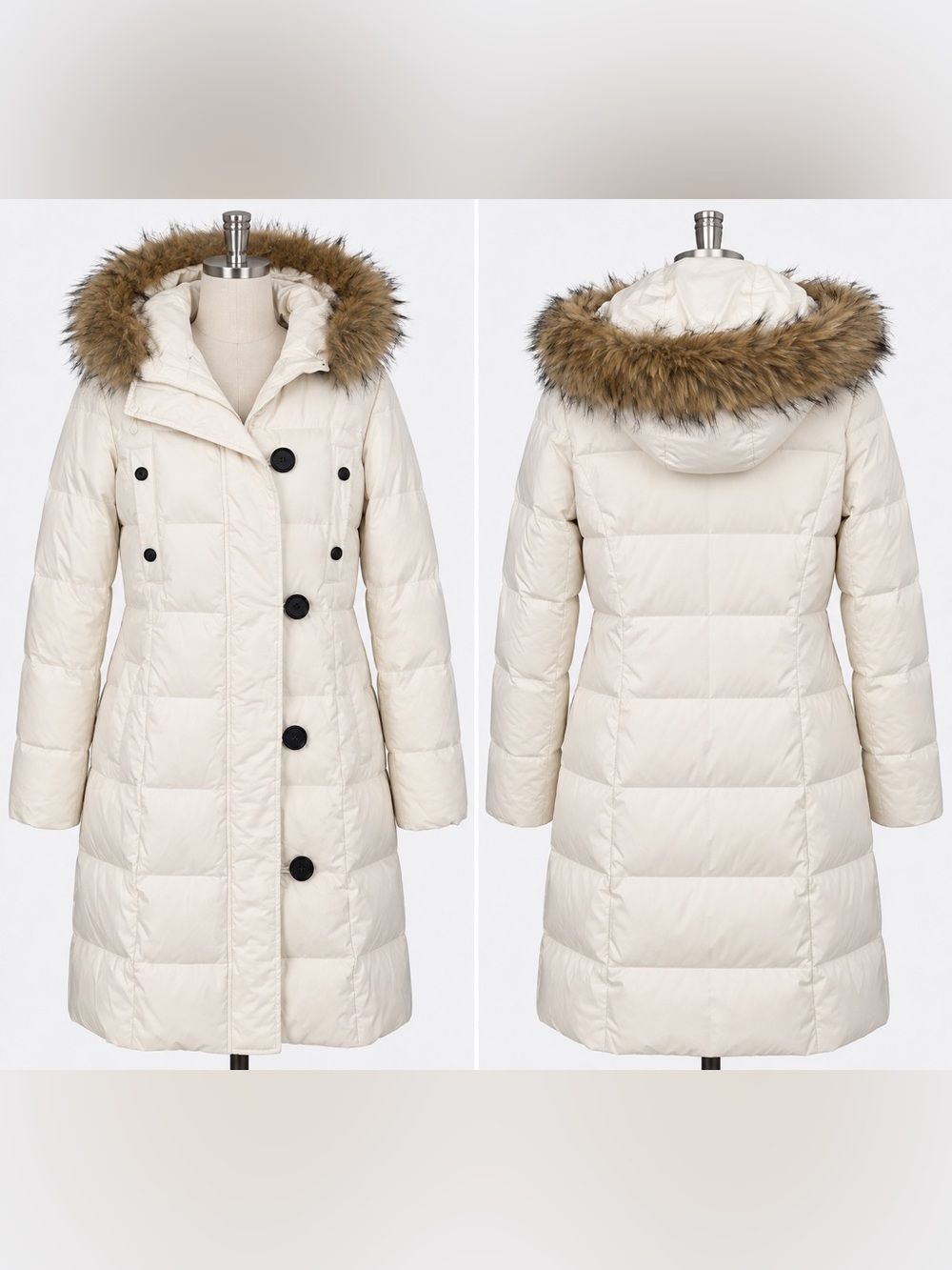 Esprit Cream Quilted Puffer Coat with Faux-Fur Trim Hood